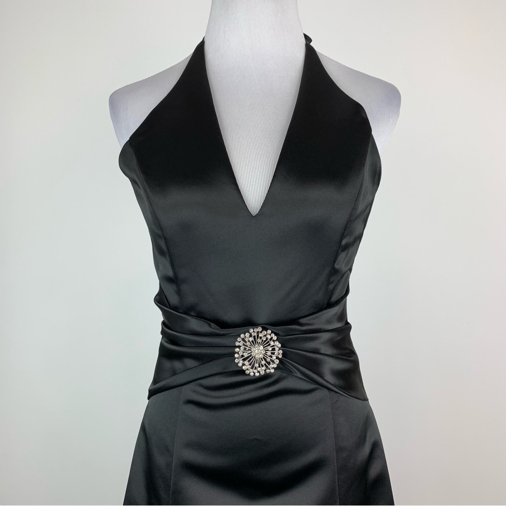 Vintage Jessica McClintock for Gunne Sax Black Satin Halter Evening Dress 3/4 - Picture 3 of 14